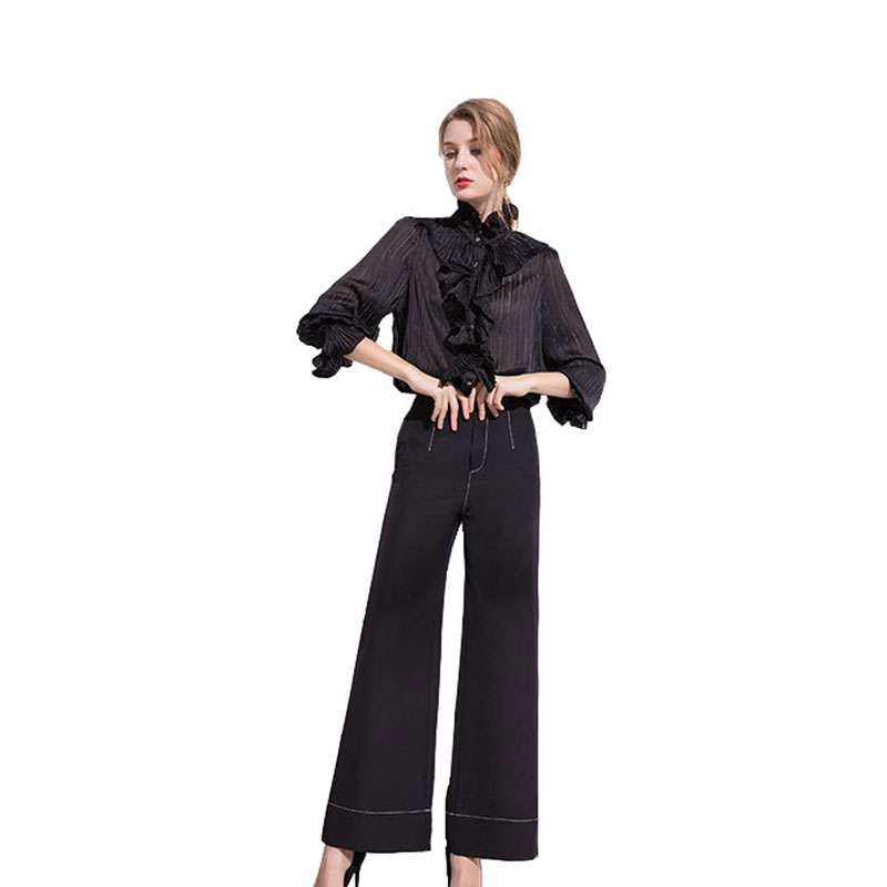 High Waist Wide-leg Blare Pants with Seam Detail Women's Stretch Pants