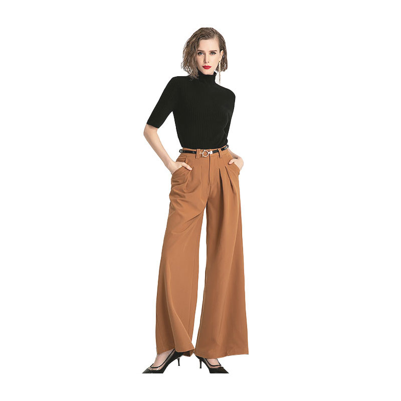 Ladies Soft-touch Wide-leg Bell Bottoms Pants with Belt Casual Pants For Women