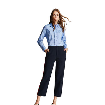 Textured Straight Casual Pants with Side Stripe for Women