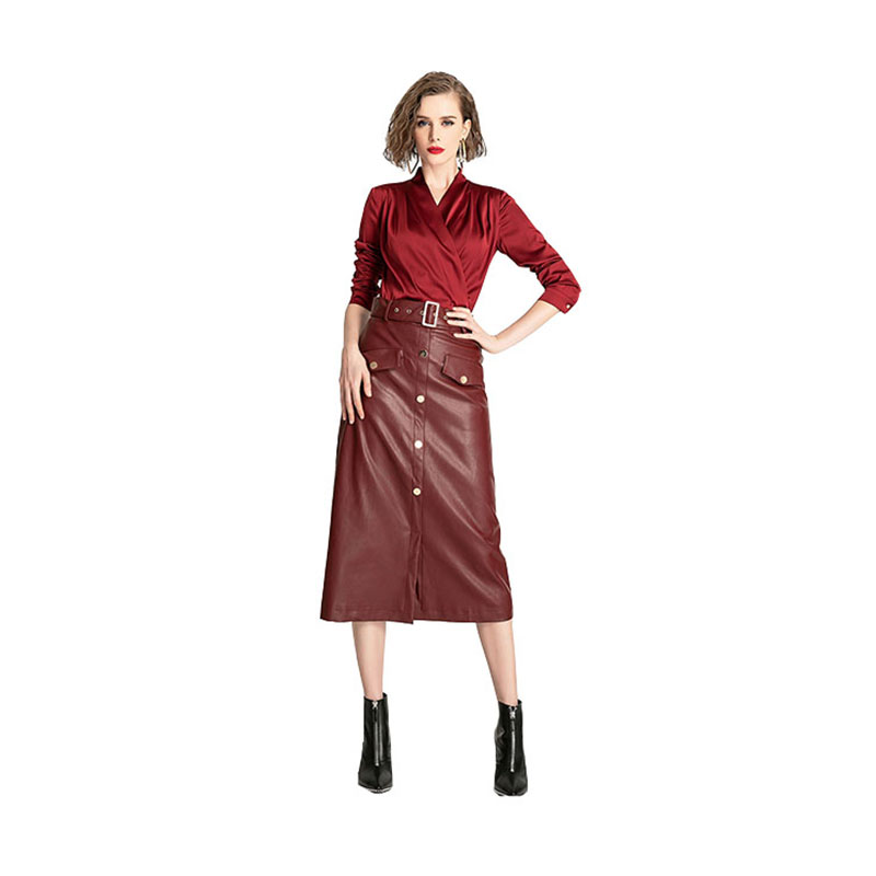 V-neck Pleated Shirt Button Up PU Leather Skirt Set Outfit Top And Skirt