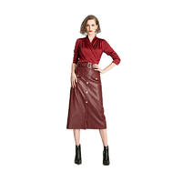 V-neck Pleated Shirt Button Up PU Leather Skirt Set Outfit Top And Skirt