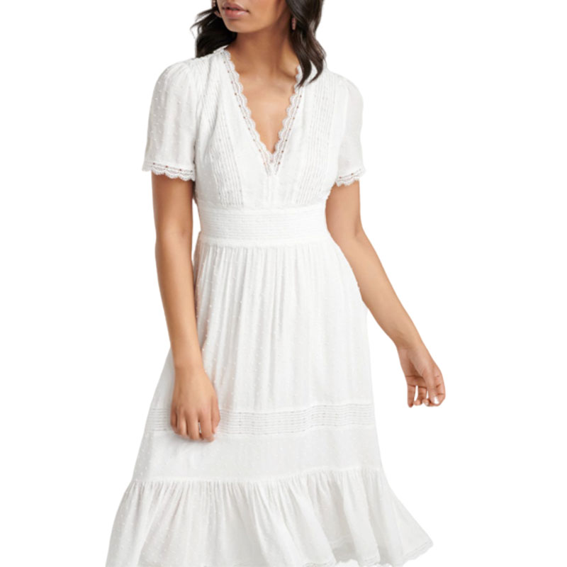 Elegant White Dress with Lace Trim Slim fit Dress
