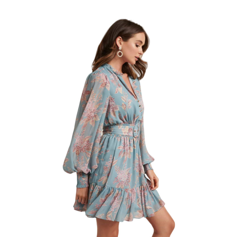 Ladies casual dresses sexy V neck bubble long sleeve floral printed ruffles lace ladies wear dress with belt