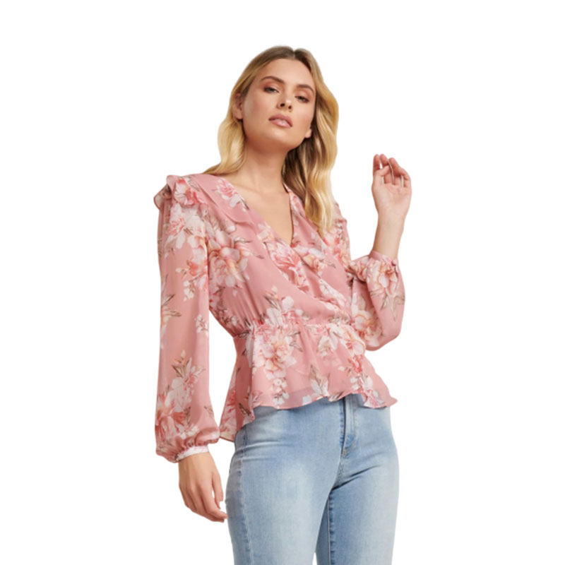 Womens Floral Fitted Shirt with Ruffle Trims Elegant Blouse